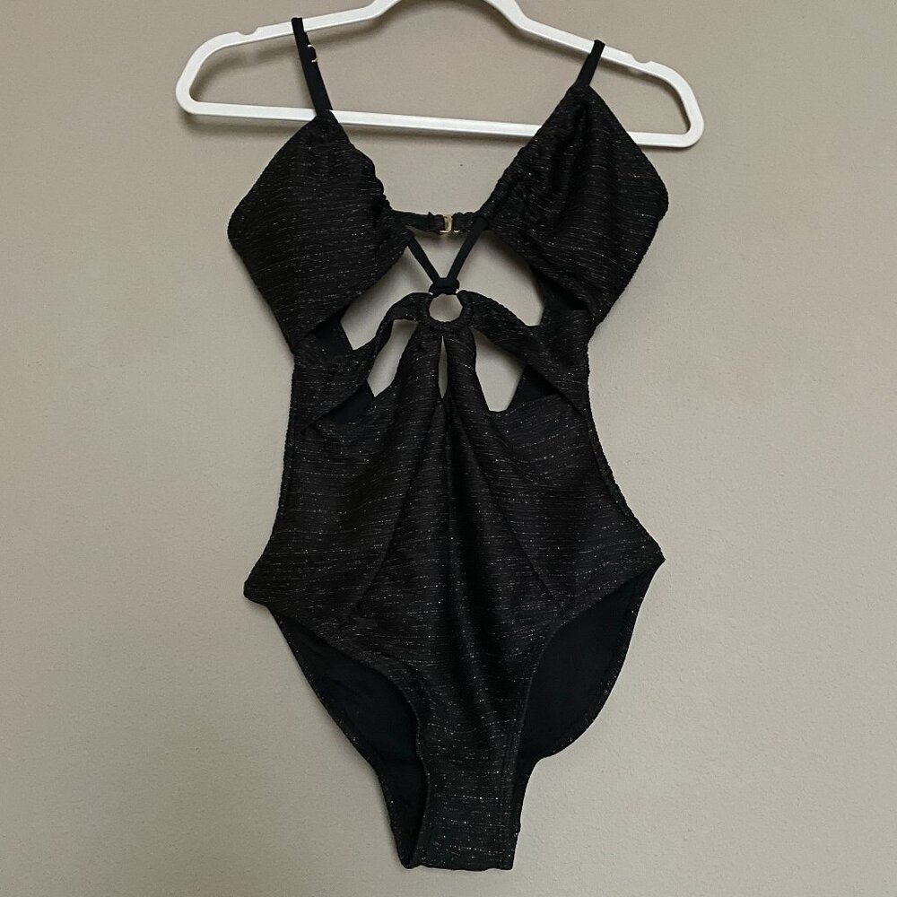 Time And Tru, Cut Out, M (8-10), One Piece Swimsuit in Black/Gold